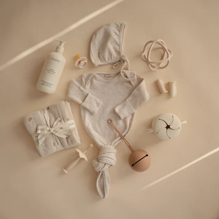 Mushie Ribbed Knotted Baby Gown -  Beige Melange
