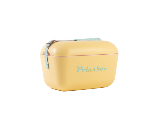 Polarbox - cooler In Yellow - Cyan Pop with green leather strap