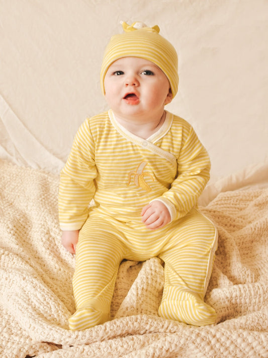 Side Snap Footie - Yellow Stripe w/ Banana Embroidery